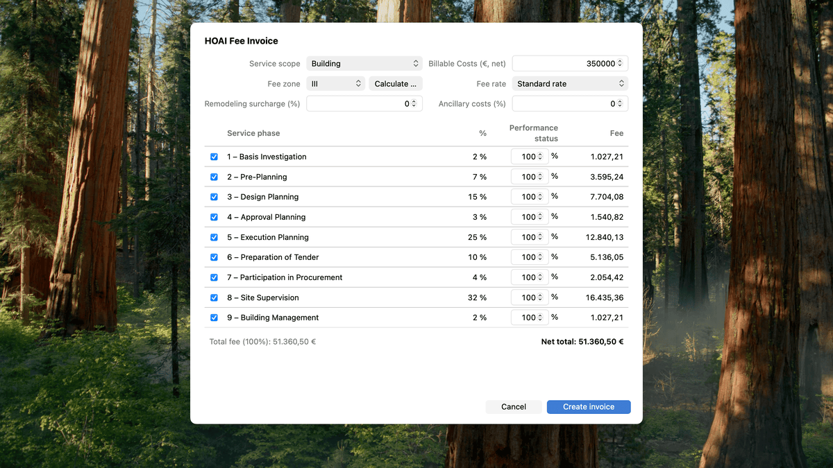 Interactive document template: HOAI fee invoice