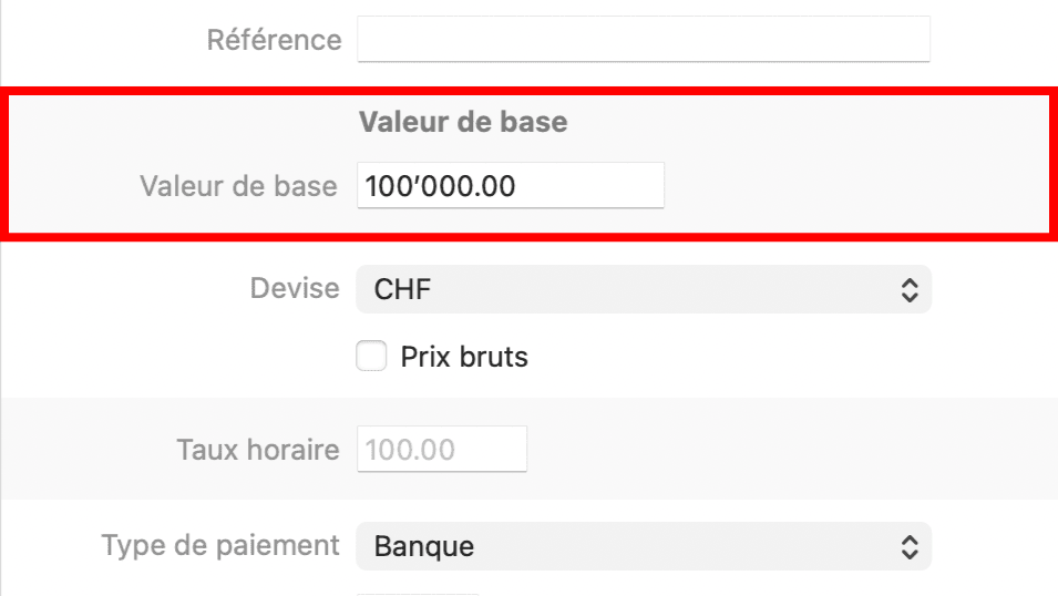 Champ de la valeur de base dans les informations du document