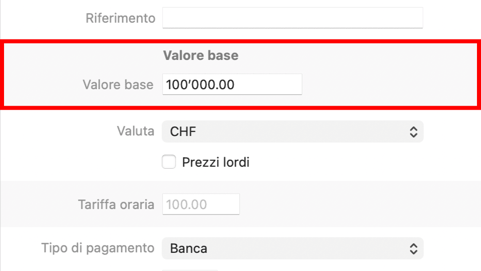 Campo del valore di base nelle informazioni del documento