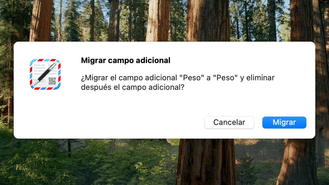 Diálogo de confirmación para migrar campos adicionales