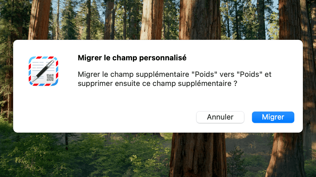 Boîte de dialogue de confirmation pour la migration des champs additionnels