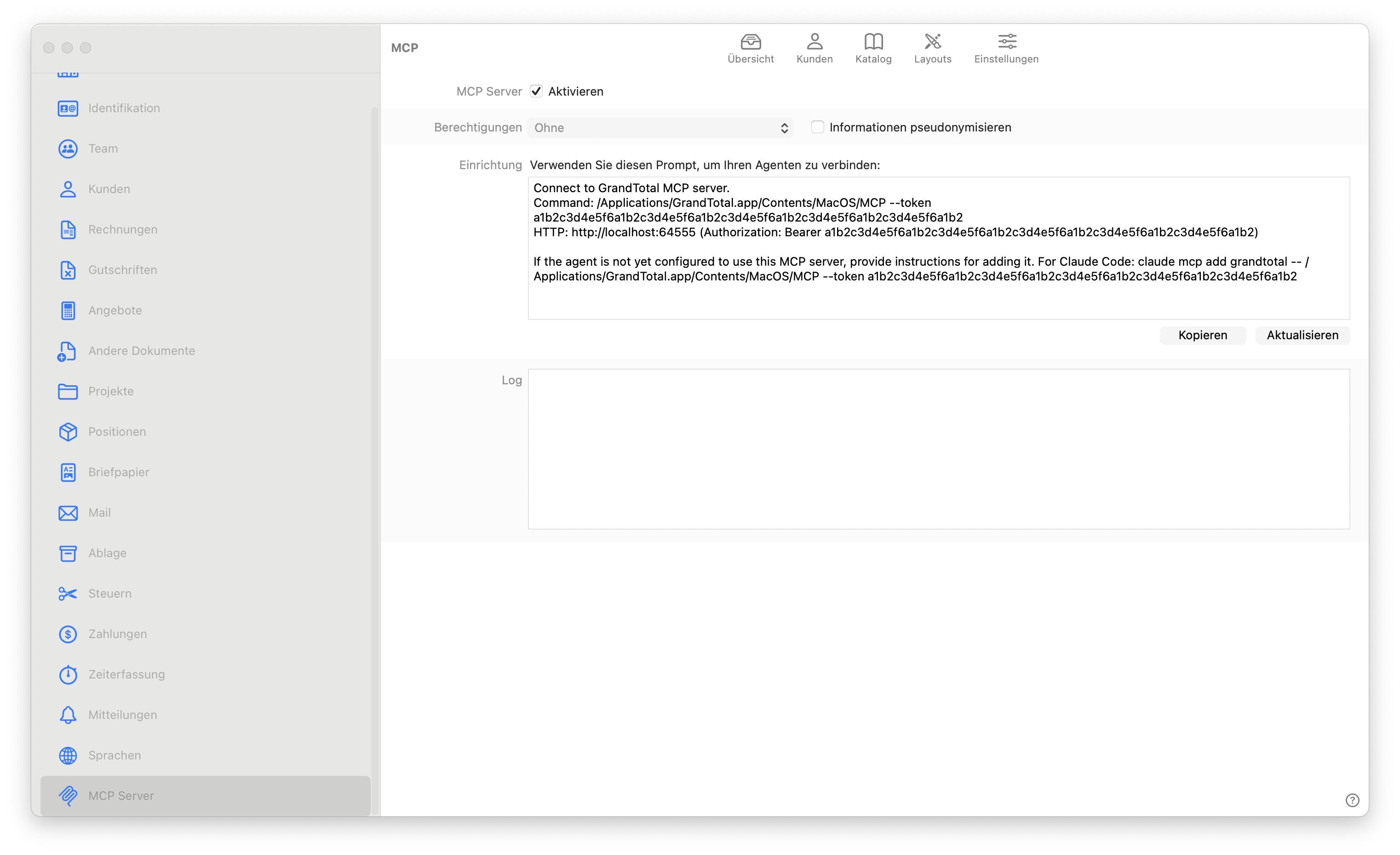 GrandTotal MCP Server Einstellungen