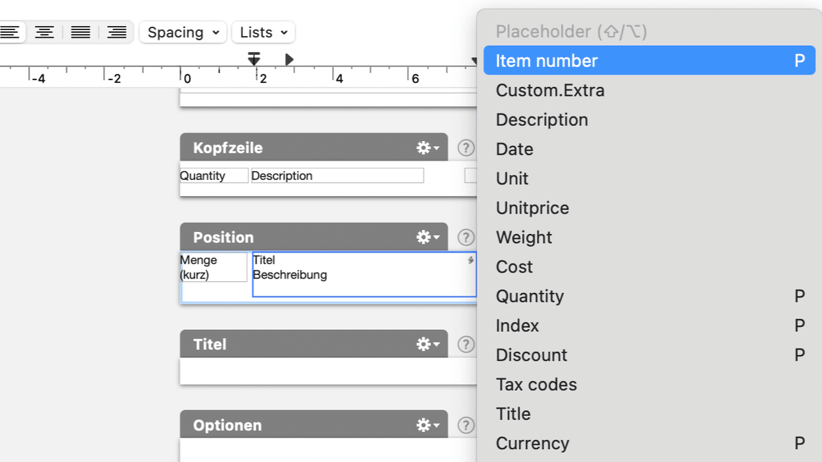 Adding the item number and date placeholders to the layout line item row