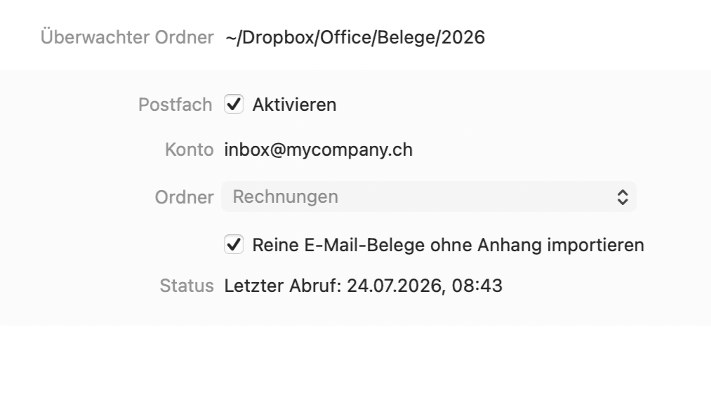 Einstellungen: überwachter Ordner und Postfach für den automatischen Rechnungsempfang