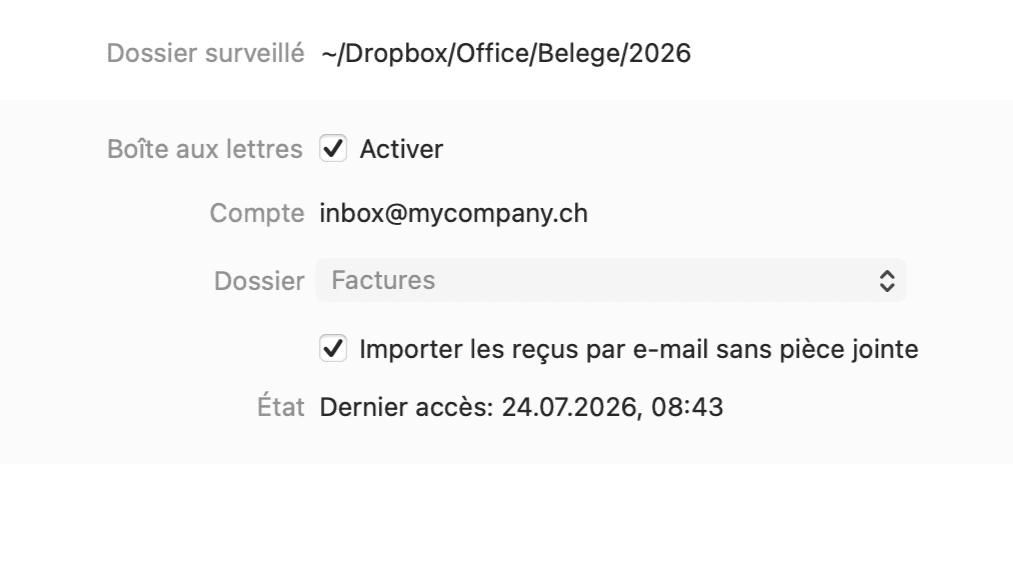 Réglages : dossier surveillé et boîte mail pour la réception automatique des factures