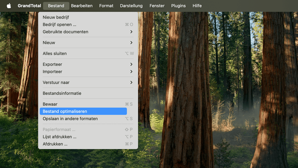 Bestandsmenu met optimalisatieoptie