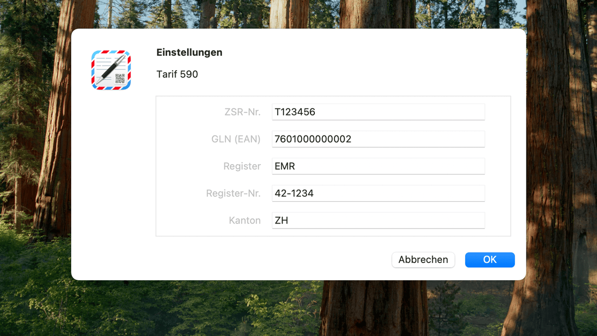 Tarif-590-Einstellungen mit ZSR-Nummer, GLN, Register und Kanton