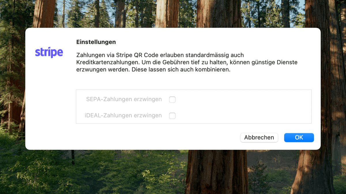 iDEAL- und SEPA-Zahlungen im Stripe-QR-Code-Dialog erzwingen